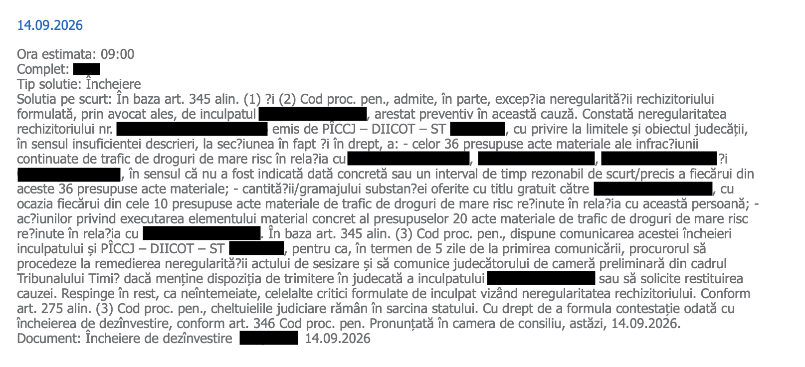 Încheierea Tribunalului Timiș din 14 septembrie 2026 privind neregularitatea rechizitoriului în camera preliminară